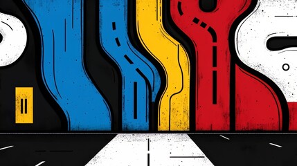 Poster - Colorful abstract painting of a city street with a yellow door. The painting is full of lines and shapes, giving it a dynamic and energetic feel. The colors and shapes seem to be in motion