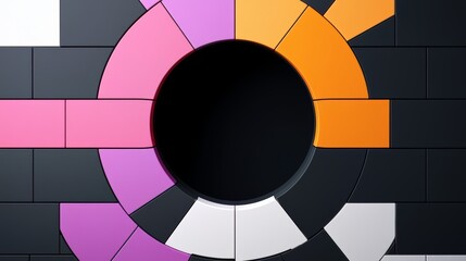 Poster - Colorful brick wall with a large hole in the middle. The wall is made up of different colored bricks, including pink, purple, orange, and white