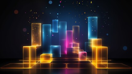 Poster - Colorful cityscape with neon lights and a dark background. The city is made up of cubes and is illuminated with bright colors