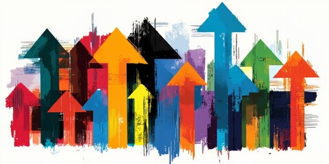 Poster - Colorful drawing of many arrows pointing in different directions. The arrows are of various sizes and colors, and they are all pointing upwards. Concept of growth, progress, and upward movement