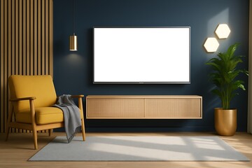  A Modern Living Room With A Yellow Armchair, A Plant, And A TV With A Blank White Screen Mounted On A Dark Blue Wall, Interior Design Mockup, Home Entertainment