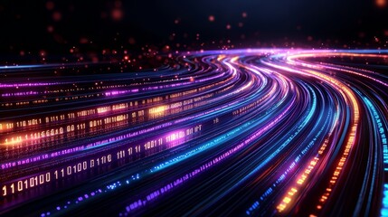 Poster - Colorful line of numbers and letters that are all connected. The image has a futuristic and technological feel to it