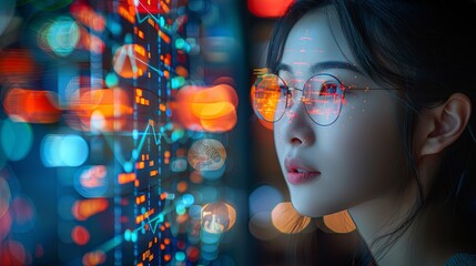 Poster - Young Asian woman focused on computer screen at night