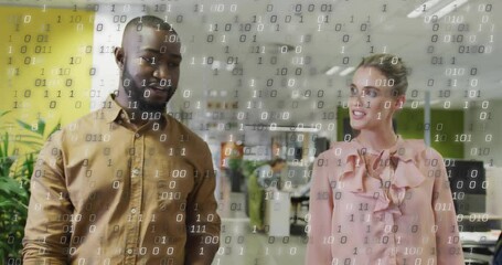 Poster - Colleagues glancing at smartphone and sparking binary code while walking discussing technology data