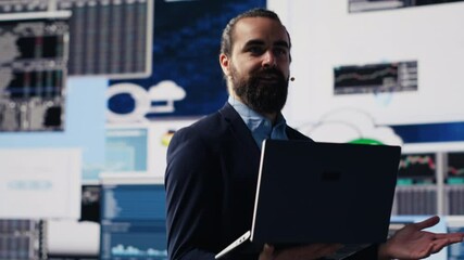 Poster - Visionary business leader gives detailed business pitch using data and graphs in a packed public speaking event. Audience listening as the CEO expert shares growth and success insight. Camera A.