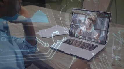 Poster - Mature man opening laptop connecting call viewing holographic graphics desk in technology meeting