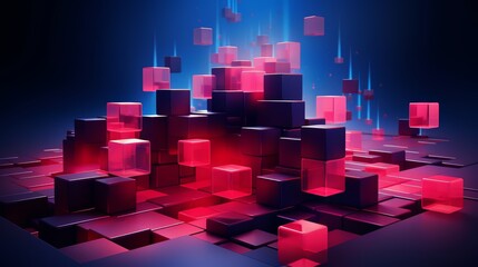 Poster - Computer generated image of a city made up of red and black cubes. The image has a futuristic and abstract feel to it