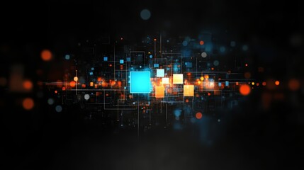 Poster - Computer screen with a blue square in the middle. The square is surrounded by orange squares. The image has a futuristic feel to it