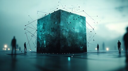 Poster - Cube with a lot of lines and dots on it. There are four people in the background