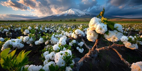Aufkleber - Field of white flowers with a mountain in the background. The flowers are in full bloom and the sky is cloudy
