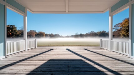 Poster - Foggy morning with a view of a field and a house. The house is white and has a blue roof