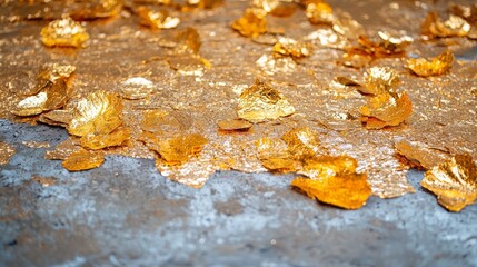 Poster - Gold leafy pattern is spread across a grey surface. The gold leaves are scattered in various sizes and shapes, creating a sense of depth and texture. Scene is warm and inviting