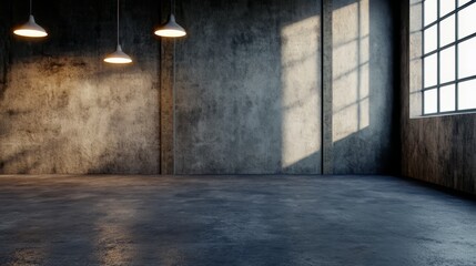 Poster - Large empty room with a window and three light fixtures. The room is bare and empty, with no furniture or decorations. The light fixtures are hanging from the ceiling, providing a warm