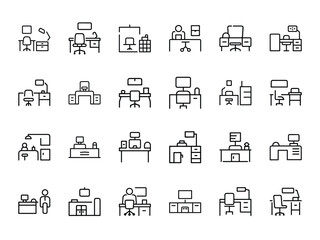 Poster - Vector collection of minimalist office desk icons depicting workspace elements