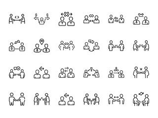 Poster - Collection of outline icons representing business and human interaction relationships communication and collaboration