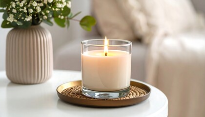 Poster - Lit candle in glass with cozy home setting.