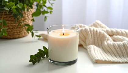 Poster - Lit candle with cozy home decor, and white table.