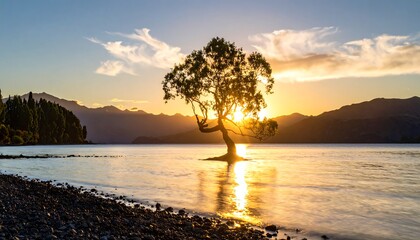 Poster - Lone tree in lake at sunset.