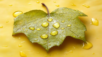 Poster - Leaf with water droplets on it is on a yellow surface. The leaf is green and has a shiny appearance. The water droplets on the leaf give it a fresh and lively look