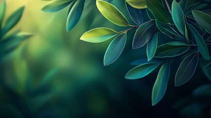 Aufkleber - Leafy green background with a leafy green leaf in the foreground. The leaf is wet and has a shiny appearance