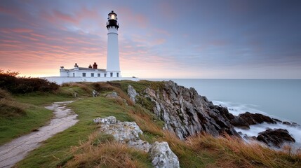 Poster - Lighthouse is on a rocky cliff overlooking the ocean. The sky is a mix of orange and blue hues, creating a serene and peaceful atmosphere