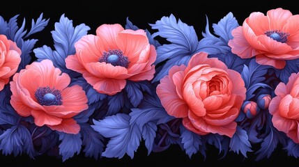 Poster - Line of pink and blue flowers with blue leaves. The flowers are arranged in a row and are of different sizes. The blue leaves add a pop of color to the scene, creating a sense of harmony