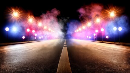 Aufkleber - Long road with a lot of lights and smoke. The lights are bright and colorful, and the smoke is thick and dark. Scene is intense and dramatic, as if something is happening on the road