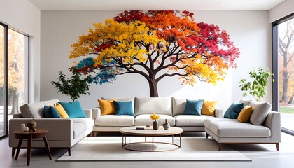 Poster - Modern Living Room with Colorful Tree Mural.