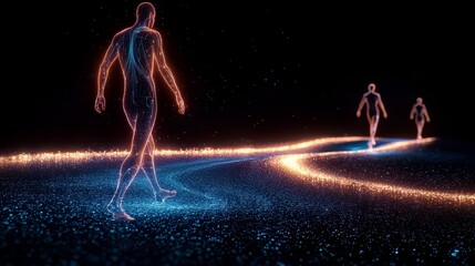 Poster - Man is walking down a path with two other people behind him. The scene is set in a dark environment with a blue and orange color scheme. Scene is mysterious and intriguing