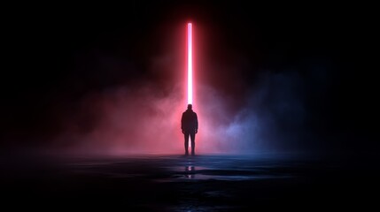 Poster - Man stands in front of a glowing red light. The image has a futuristic and mysterious vibe, with the man appearing to be in a strange and otherworldly environment