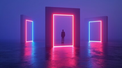 Poster - Man stands in front of three neon colored doors. The doors are lit up in red and blue, creating a futuristic and otherworldly atmosphere. The man is looking through the doors