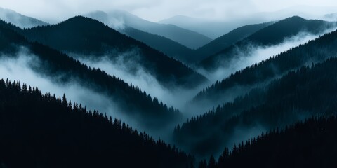 Poster - Mountain range covered in fog, with trees lining the slopes. The misty atmosphere gives the scene a serene and peaceful mood, as if the mountains are shrouded in a blanket of calmness
