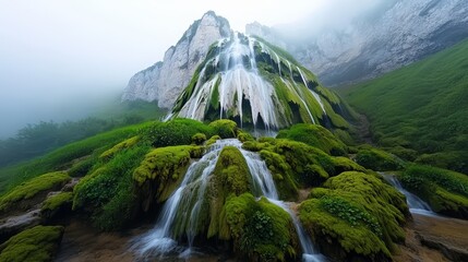 Poster - Mountain with a waterfall and a lush green hillside. The waterfall is surrounded by a thick green moss