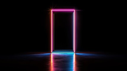 Poster - Neon door with a red, blue and green light. The door is lit up and is the only thing in the image