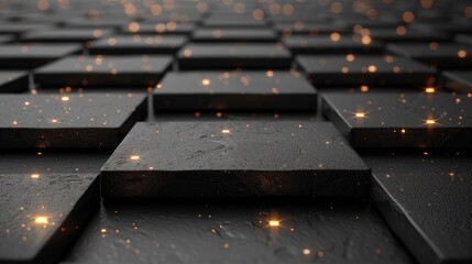 Fototapete - Layered squares and rectangles create a stunning display against a textured black background. Metallic highlights add depth and sophistication enhancing the overall visual impact.