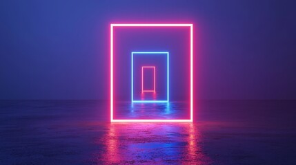 Poster - Neon lighted room with a blue background. The room is lit with neon lights and has a futuristic feel