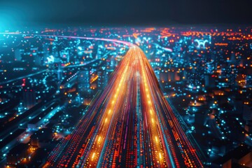 Poster - Colorful digital graphs reveal market fluctuations against a blurred city skyline at night. The dynamic motion reflects the pulse of urban life and economic activity.