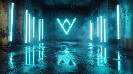 Poster - Room with a neon sign that says W in the middle. The room is wet and the lights are on, creating a cool and futuristic atmosphere