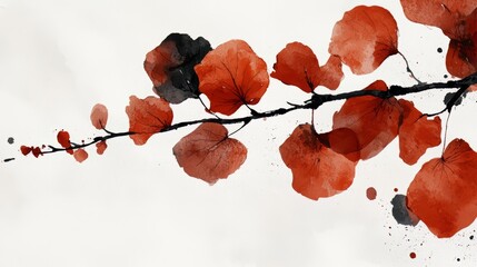 Aufkleber - Painting of a branch with red leaves and black veins. The painting is done in watercolor and has a very soft, delicate appearance