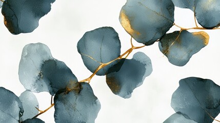 Poster - Painting of a leafy green plant with gold accents. The painting is blue and white