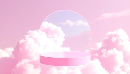 Poster - Pink podium in clouds with dreamy background.