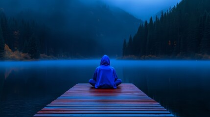 Poster - Person is sitting on a dock by a lake. The water is calm and the sky is dark. The person is wearing a blue jacket and he is in a contemplative mood