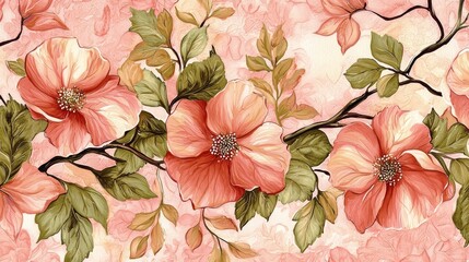 Poster - Pink floral print with three red flowers and green leaves. The flowers are arranged in a line, with the middle one slightly larger than the others. Scene is cheerful and bright