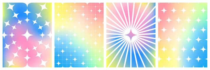 Aufkleber - Y2K Star Gradient Patterns. Sparkle Backgrounds in Retro Aesthetic. Geometry Pattern with Shining Stars on Pastel Hologram Gradient.