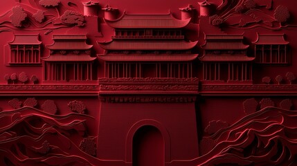 Poster - Red drawing of a building with a red roof and red trim. The building is surrounded by trees and has a red archway. Scene is warm and inviting