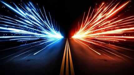 Aufkleber - Road with two lanes, one blue and one red. The blue lane is on the left and the red lane is on the right. The lanes are separated by a yellow line. The image has a futuristic