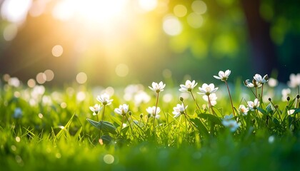 Aufkleber - Spring flowers in sunlight on green grass.