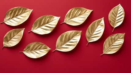 Aufkleber - Row of gold leaves are arranged on a red background. The leaves are arranged in a way that they look like they are floating in the air. The gold leaves give off a sense of luxury and elegance