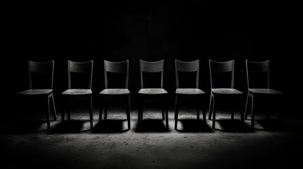 Poster - Row of six black chairs are lined up in a dark room. The chairs are all facing the same direction, creating a sense of unity and order. The darkness of the room