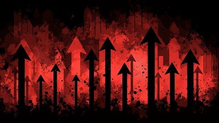 Poster - Series of arrows pointing upwards in a red background. Concept of upward movement and progress, possibly representing growth or success. The red color adds a sense of intensity